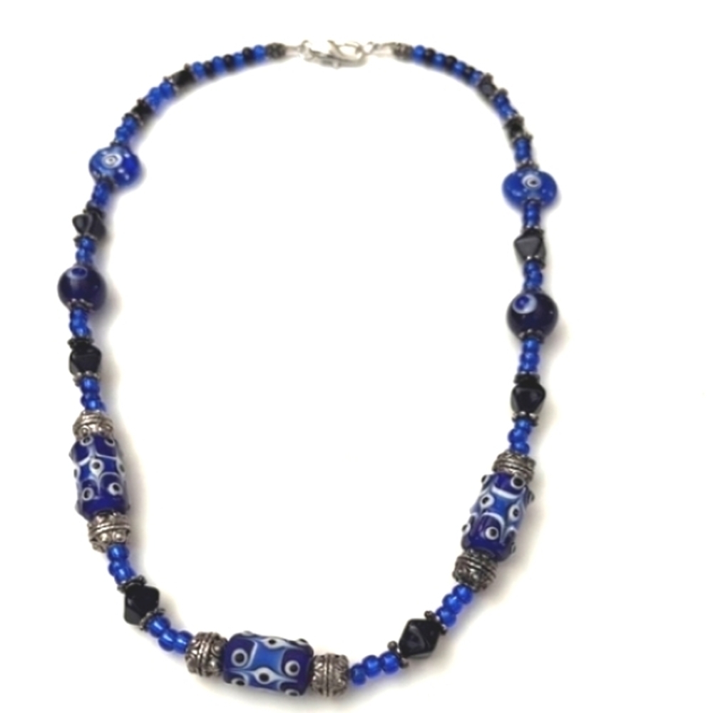 VINTAGE BOHEMIAN BLUE WHITE TUBULAR DECORATIVE BEADING CHOKER 16" NECKLACE
